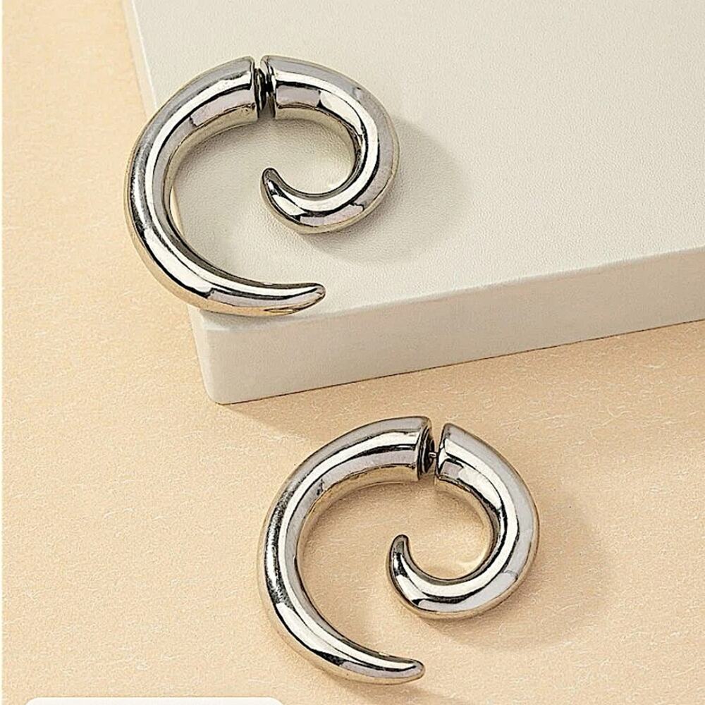 Silver Minimalist Cuff Hoop Earrings, Stud, Punk, Spiral - Picture 3 of 5
